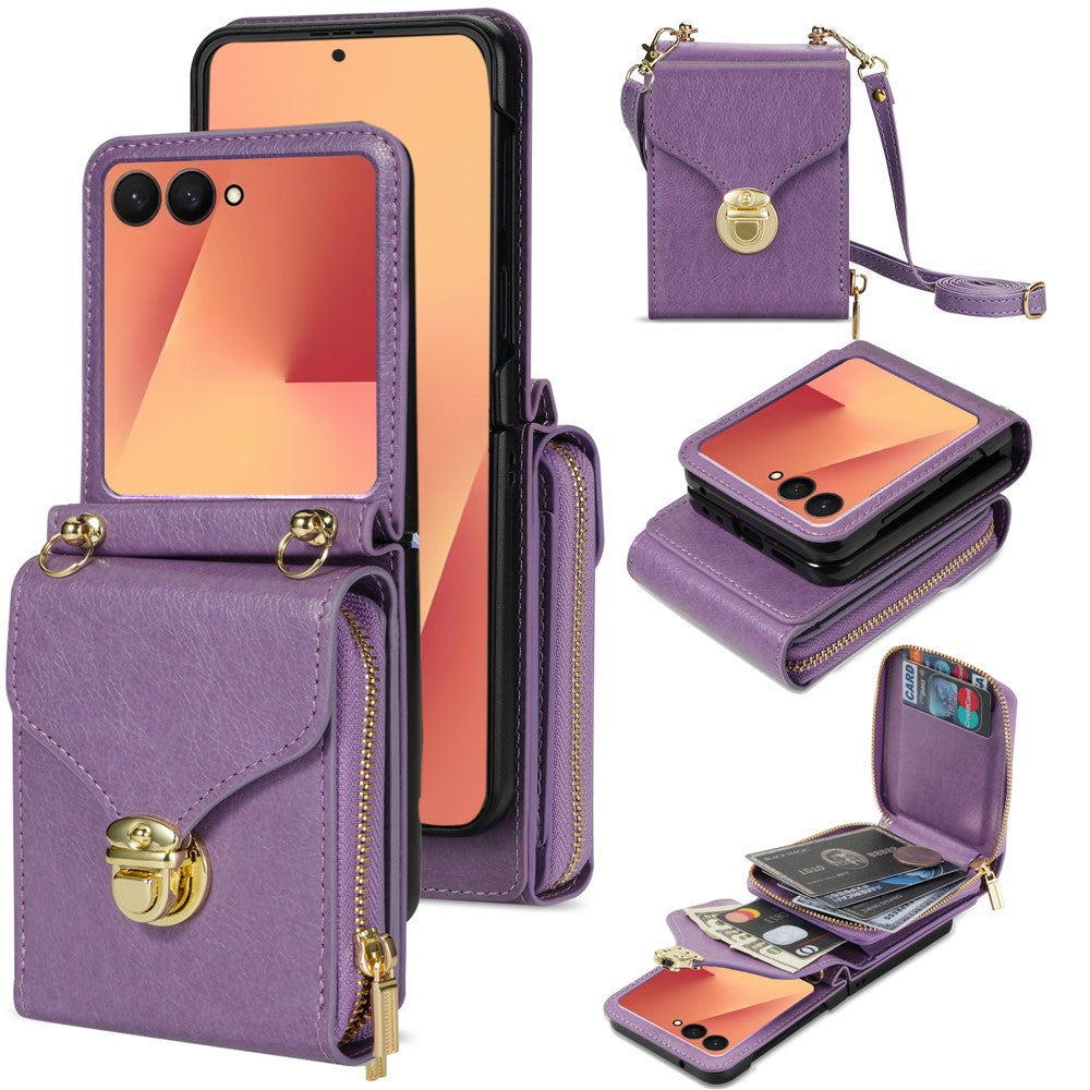 For Samsung Galaxy Z Flip7 5G Case Zipper Wallet PU Leather TPU PC Phone Cover with Shoulder Strap - Purple