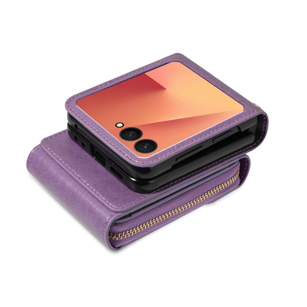 For Samsung Galaxy Z Flip7 5G Case Zipper Wallet PU Leather TPU PC Phone Cover with Shoulder Strap - Purple
