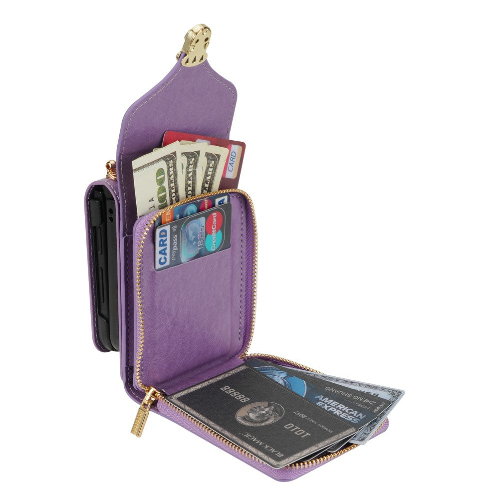 For Samsung Galaxy Z Flip7 5G Case Zipper Wallet PU Leather TPU PC Phone Cover with Shoulder Strap - Purple