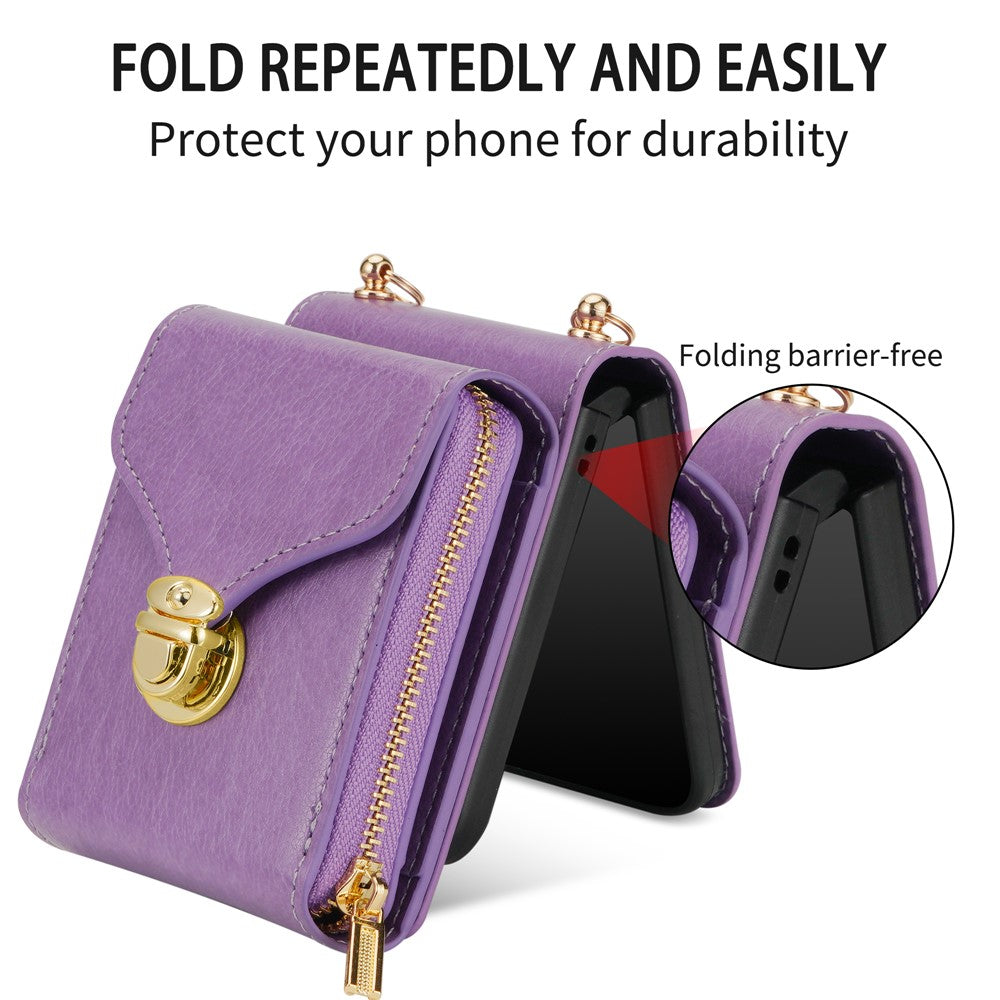 For Samsung Galaxy Z Flip7 5G Case Zipper Wallet PU Leather TPU PC Phone Cover with Shoulder Strap - Purple