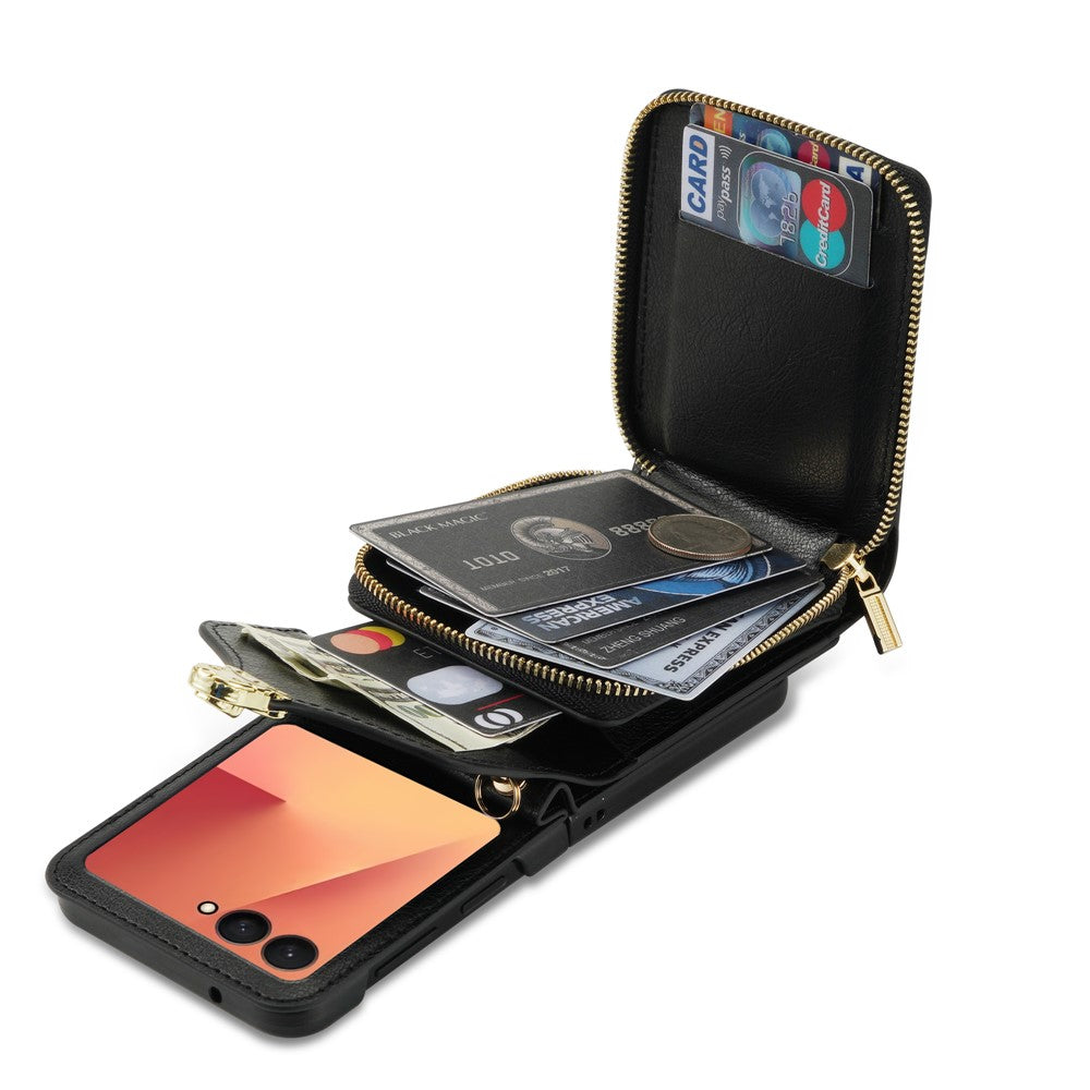 For Samsung Galaxy Z Flip7 5G Case Zipper Wallet PU Leather TPU PC Phone Cover with Shoulder Strap - Black