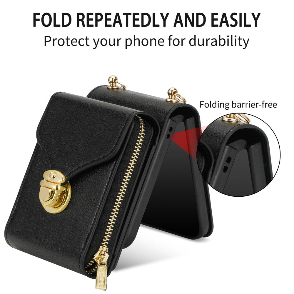 For Samsung Galaxy Z Flip7 5G Case Zipper Wallet PU Leather TPU PC Phone Cover with Shoulder Strap - Black