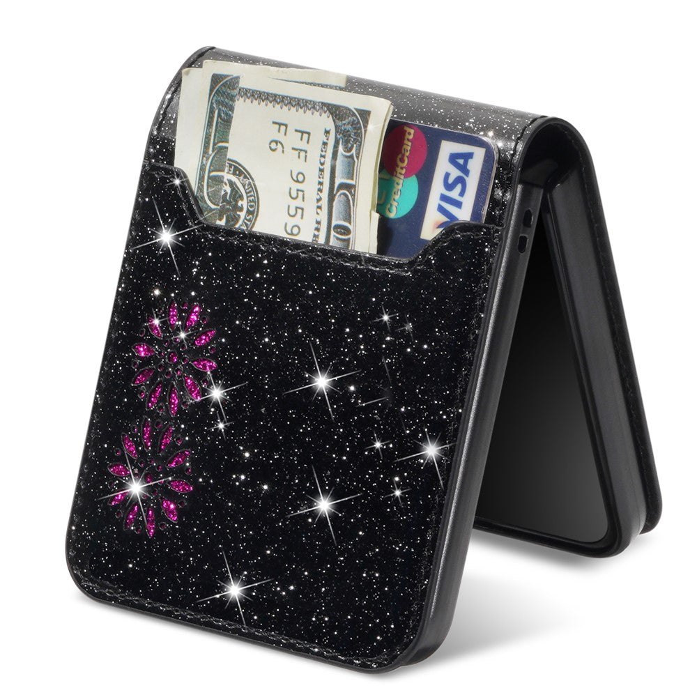 For Samsung Galaxy Z Flip7 5G Case Card Holder Starry Sky Carving PU Leather + PC Phone Cover - Black