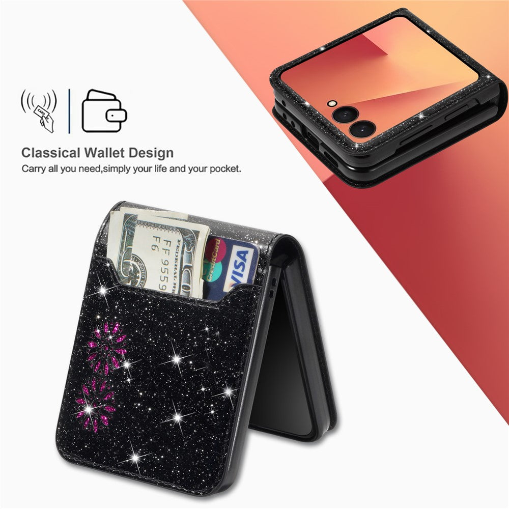 For Samsung Galaxy Z Flip7 5G Case Card Holder Starry Sky Carving PU Leather + PC Phone Cover - Black