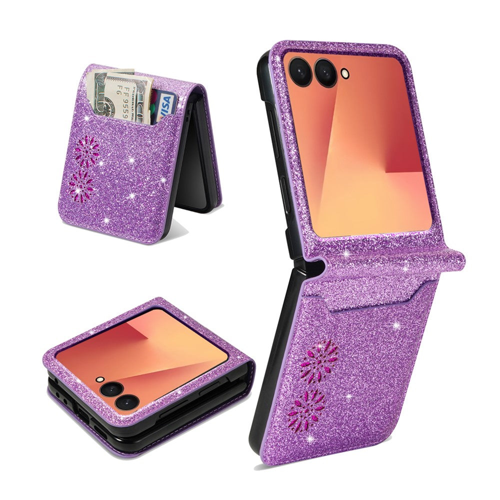 For Samsung Galaxy Z Flip7 5G Case Card Holder Starry Sky Carving PU Leather + PC Phone Cover - Purple