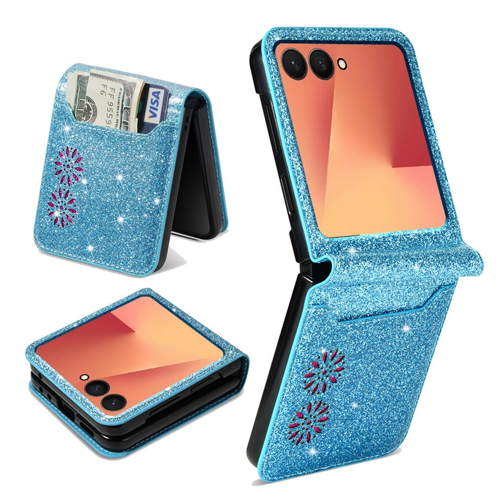 For Samsung Galaxy Z Flip7 5G Case Card Holder Starry Sky Carving PU Leather + PC Phone Cover - Blue