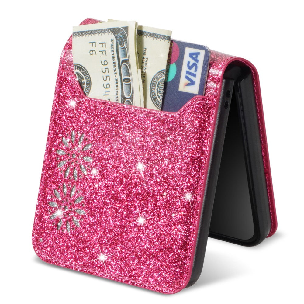 For Samsung Galaxy Z Flip7 5G Case Card Holder Starry Sky Carving PU Leather + PC Phone Cover - Rose