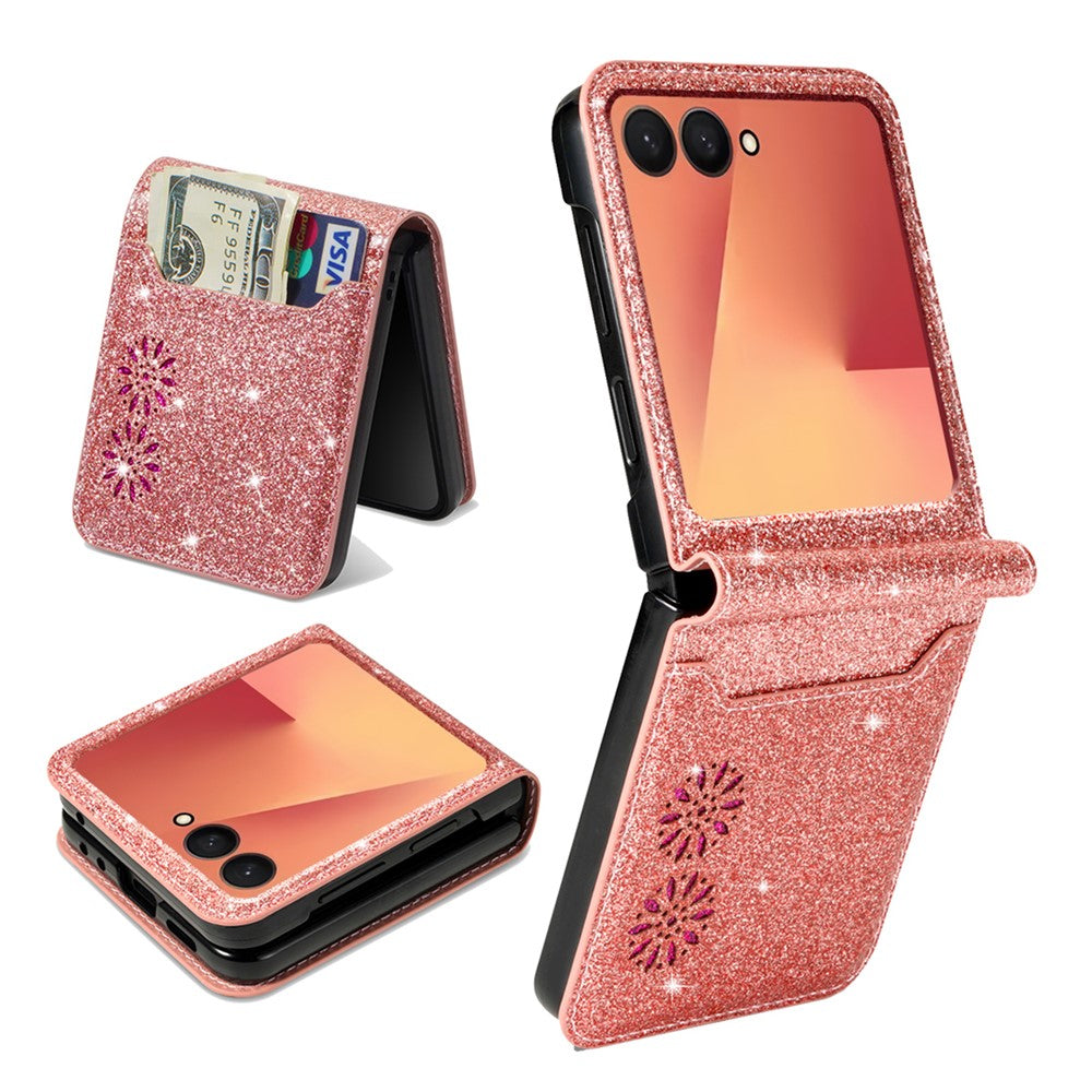 For Samsung Galaxy Z Flip7 5G Case Card Holder Starry Sky Carving PU Leather + PC Phone Cover - Rose Gold