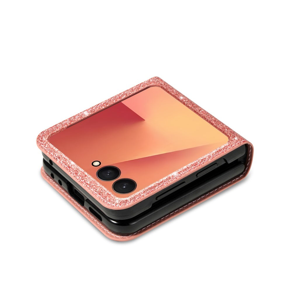 For Samsung Galaxy Z Flip7 5G Case Card Holder Starry Sky Carving PU Leather + PC Phone Cover - Rose Gold