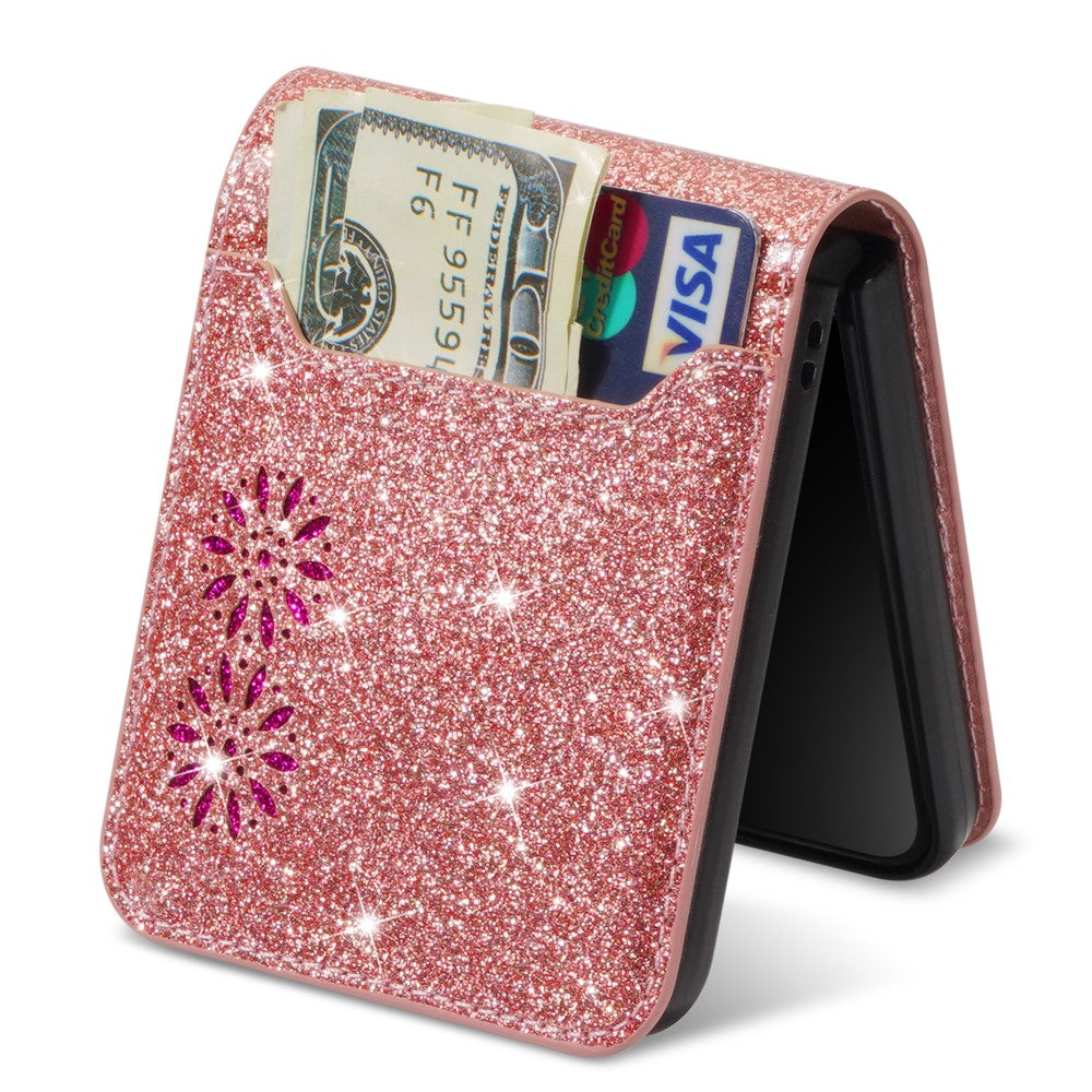 For Samsung Galaxy Z Flip7 5G Case Card Holder Starry Sky Carving PU Leather + PC Phone Cover - Rose Gold