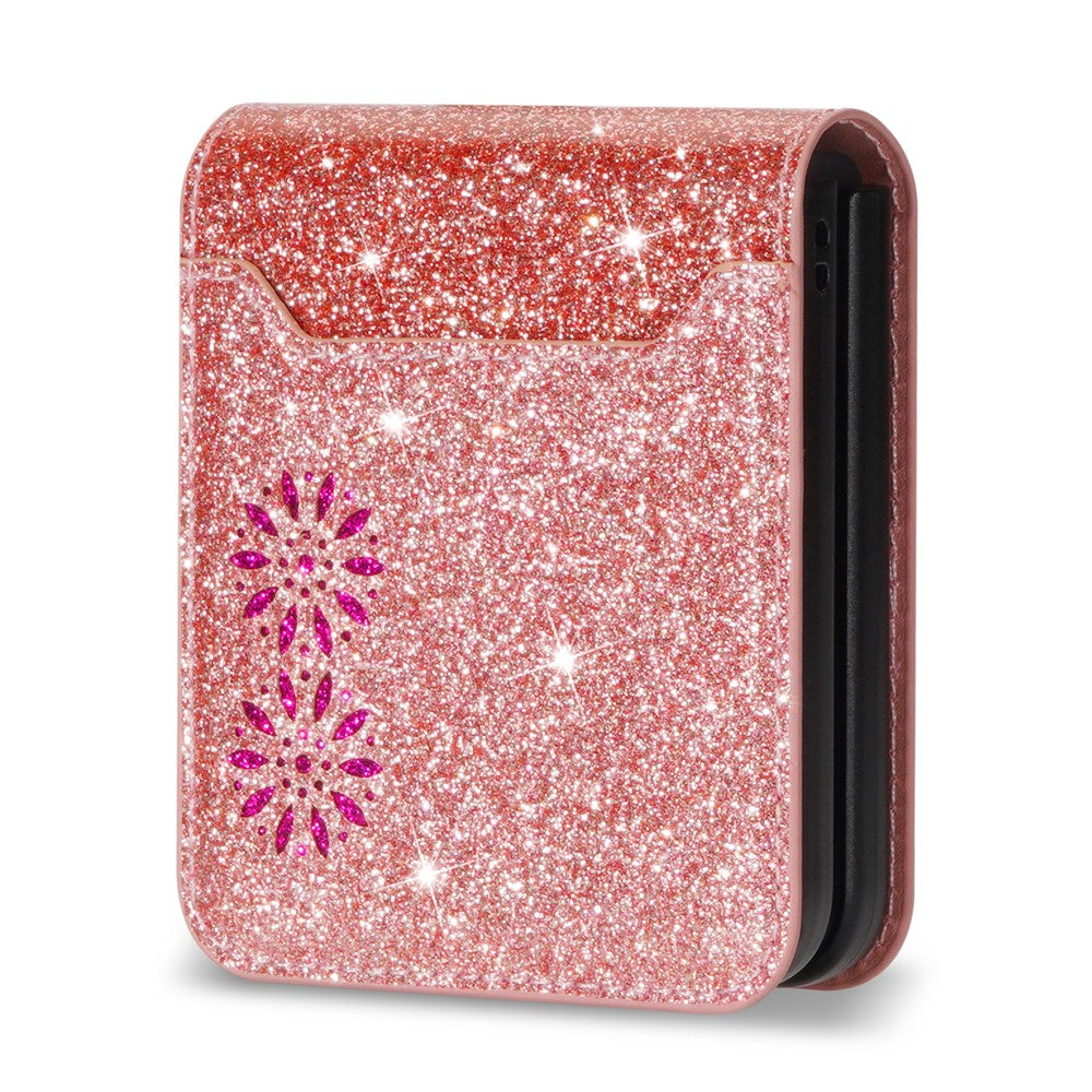 For Samsung Galaxy Z Flip7 5G Case Card Holder Starry Sky Carving PU Leather + PC Phone Cover - Rose Gold