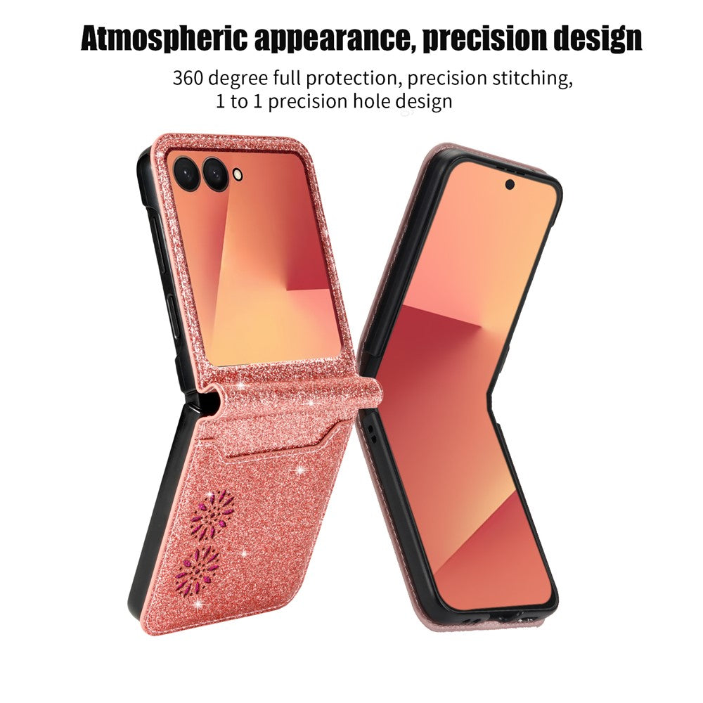 For Samsung Galaxy Z Flip7 5G Case Card Holder Starry Sky Carving PU Leather + PC Phone Cover - Rose Gold