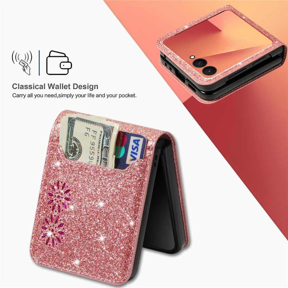 For Samsung Galaxy Z Flip7 5G Case Card Holder Starry Sky Carving PU Leather + PC Phone Cover - Rose Gold