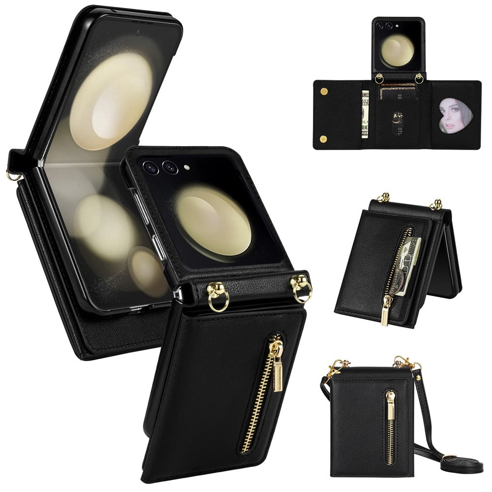 For Samsung Galaxy Z Flip7 5G Case Zipper Wallet PU + TPU + PC Phone Cover with Shoulder Strap - Black