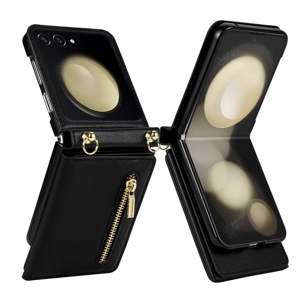 For Samsung Galaxy Z Flip7 5G Case Zipper Wallet PU + TPU + PC Phone Cover with Shoulder Strap - Black