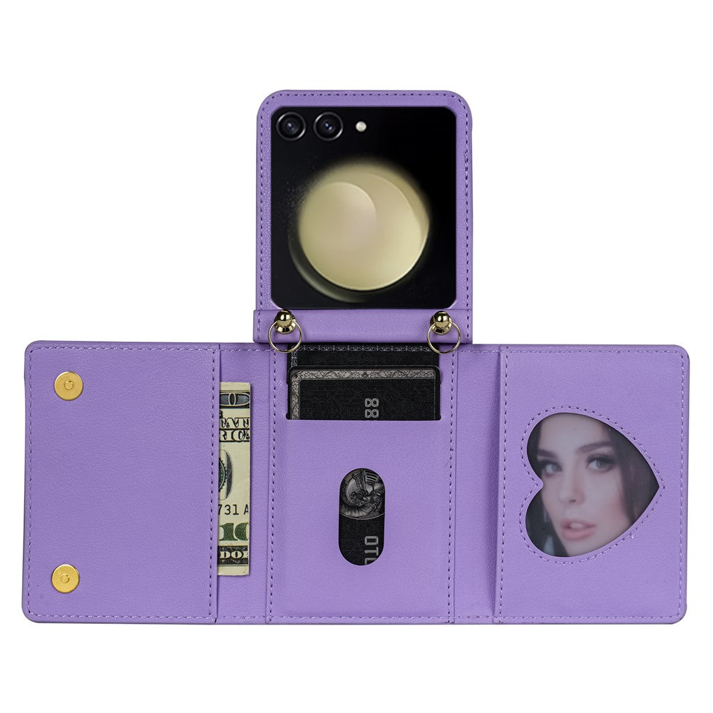 For Samsung Galaxy Z Flip7 5G Case Zipper Wallet PU + TPU + PC Phone Cover with Shoulder Strap - Purple