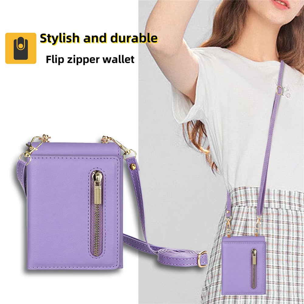 For Samsung Galaxy Z Flip7 5G Case Zipper Wallet PU + TPU + PC Phone Cover with Shoulder Strap - Purple