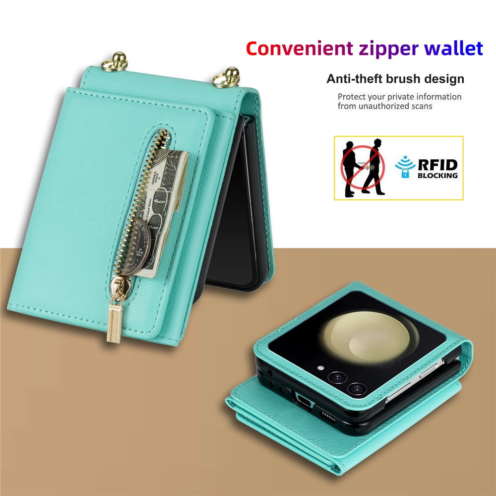 For Samsung Galaxy Z Flip7 5G Case Zipper Wallet PU + TPU + PC Phone Cover with Shoulder Strap - Mint Green