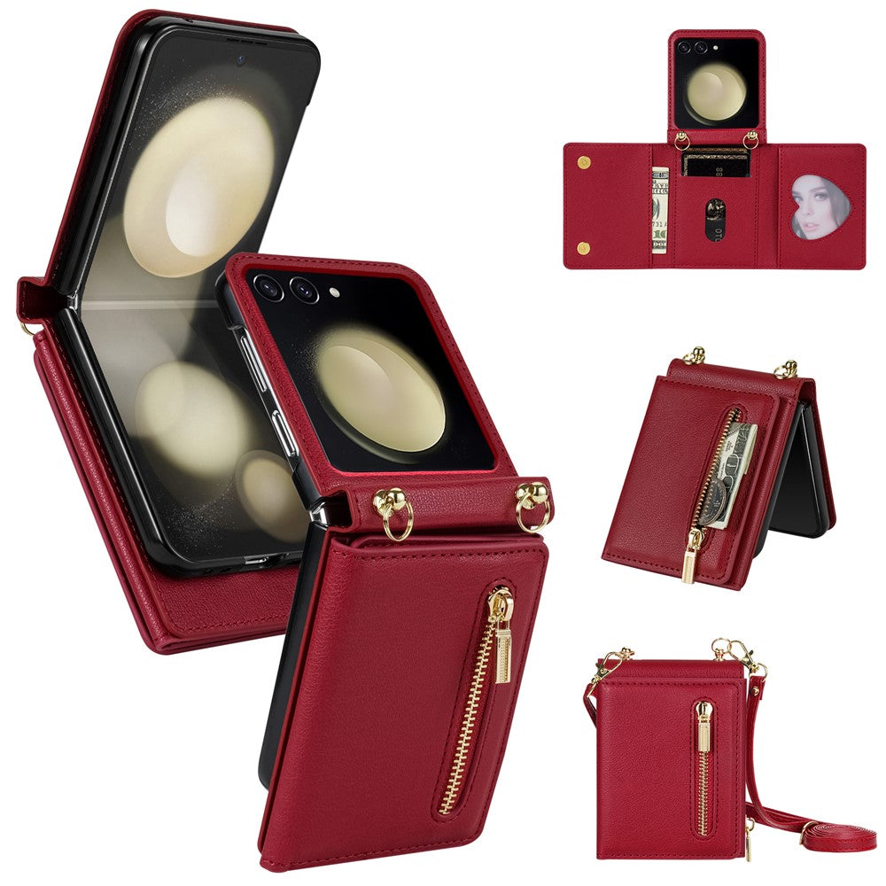 For Samsung Galaxy Z Flip7 5G Case Zipper Wallet PU + TPU + PC Phone Cover with Shoulder Strap - Red