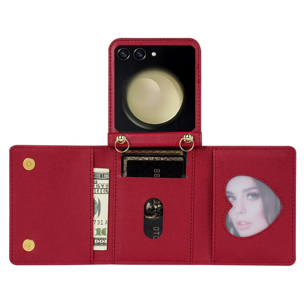 For Samsung Galaxy Z Flip7 5G Case Zipper Wallet PU + TPU + PC Phone Cover with Shoulder Strap - Red