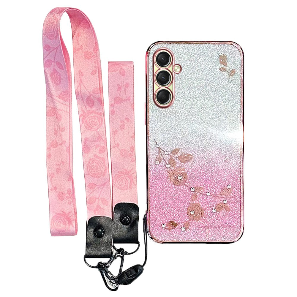 KADEM For Samsung Galaxy A17 5G Case Flower Pattern TPU Gradient Phone Cover with Lanyards - Rose Gold