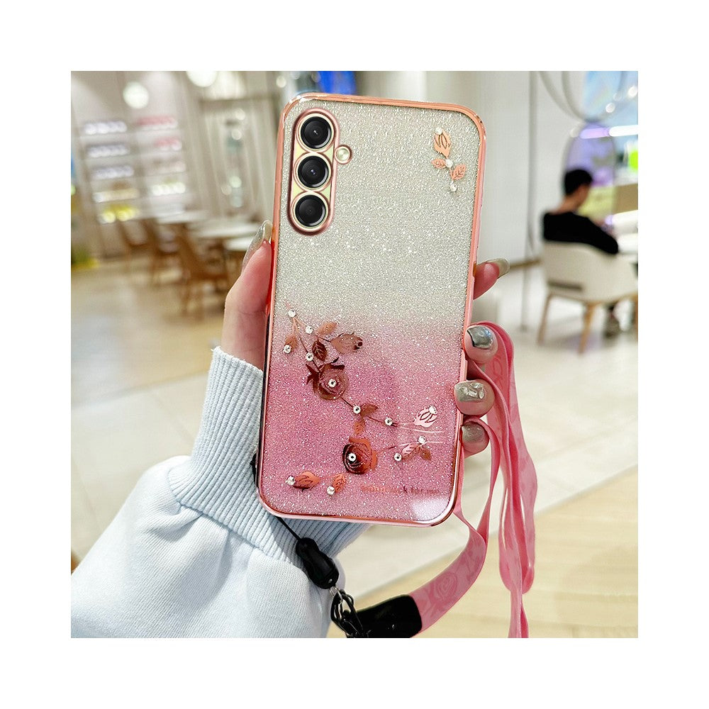 KADEM For Samsung Galaxy A17 5G Case Flower Pattern TPU Gradient Phone Cover with Lanyards - Rose Gold