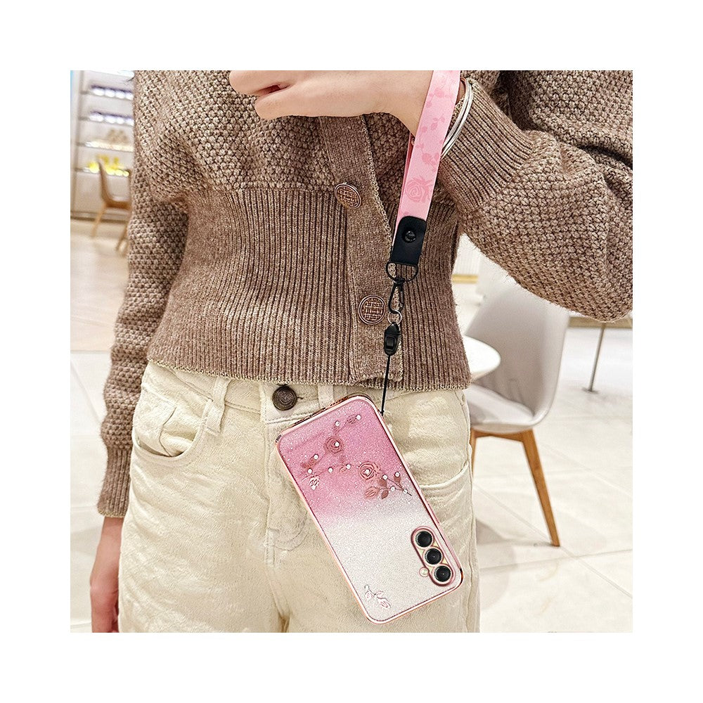 KADEM For Samsung Galaxy A17 5G Case Flower Pattern TPU Gradient Phone Cover with Lanyards - Rose Gold