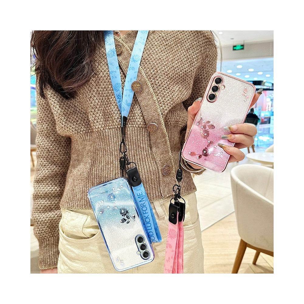 KADEM For Samsung Galaxy A17 5G Case Flower Pattern TPU Gradient Phone Cover with Lanyards - Rose Gold