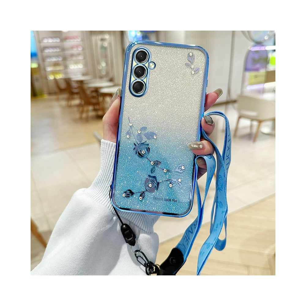 KADEM For Samsung Galaxy A17 5G Case Flower Pattern TPU Gradient Phone Cover with Lanyards - Blue