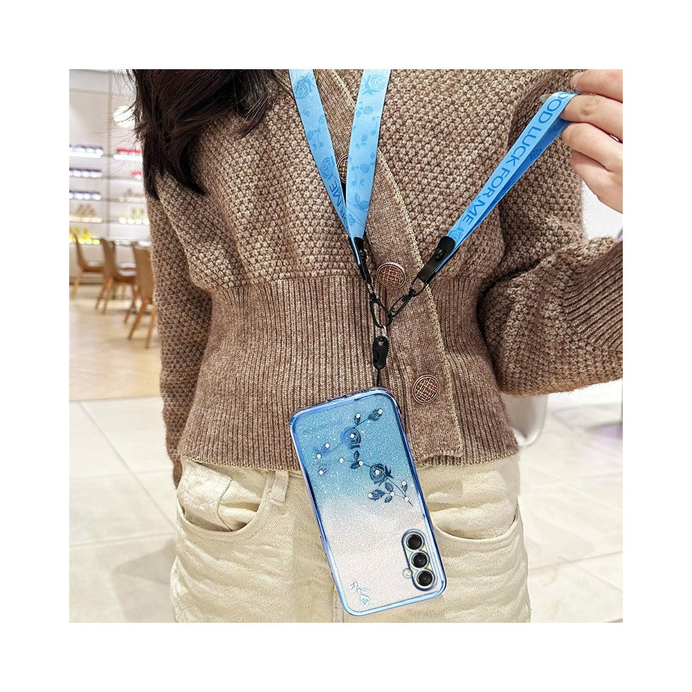 KADEM For Samsung Galaxy A17 5G Case Flower Pattern TPU Gradient Phone Cover with Lanyards - Blue