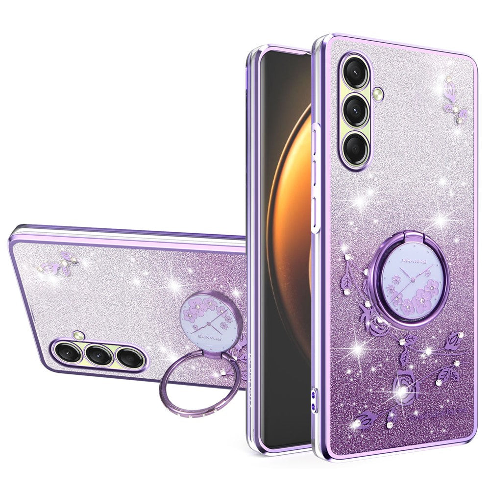 KADEM For Samsung Galaxy A17 5G Case Ring Kickstand TPU Flowers Phone Cover Gradient Glitter - Purple