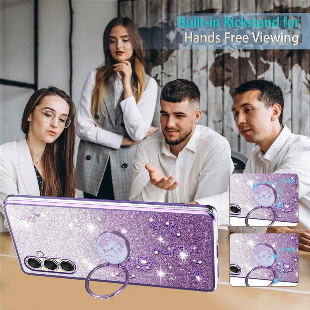 KADEM For Samsung Galaxy A17 5G Case Ring Kickstand TPU Flowers Phone Cover Gradient Glitter - Purple