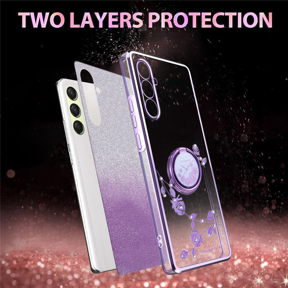 KADEM For Samsung Galaxy A17 5G Case Ring Kickstand TPU Flowers Phone Cover Gradient Glitter - Purple