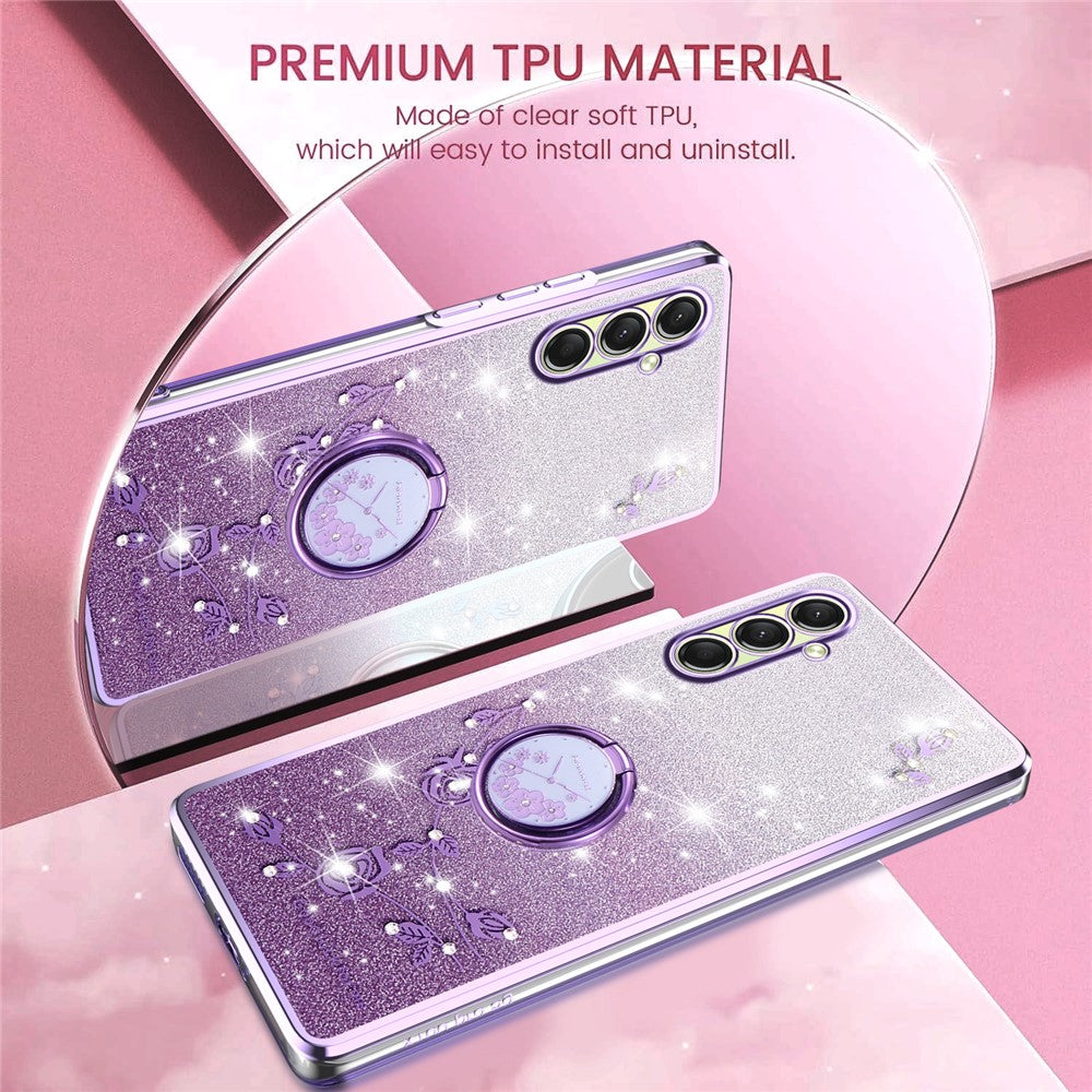 KADEM For Samsung Galaxy A17 5G Case Ring Kickstand TPU Flowers Phone Cover Gradient Glitter - Purple