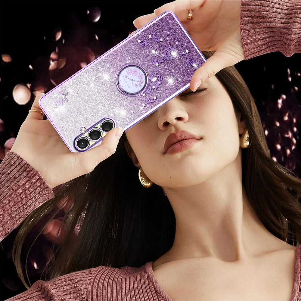 KADEM For Samsung Galaxy A17 5G Case Ring Kickstand TPU Flowers Phone Cover Gradient Glitter - Purple