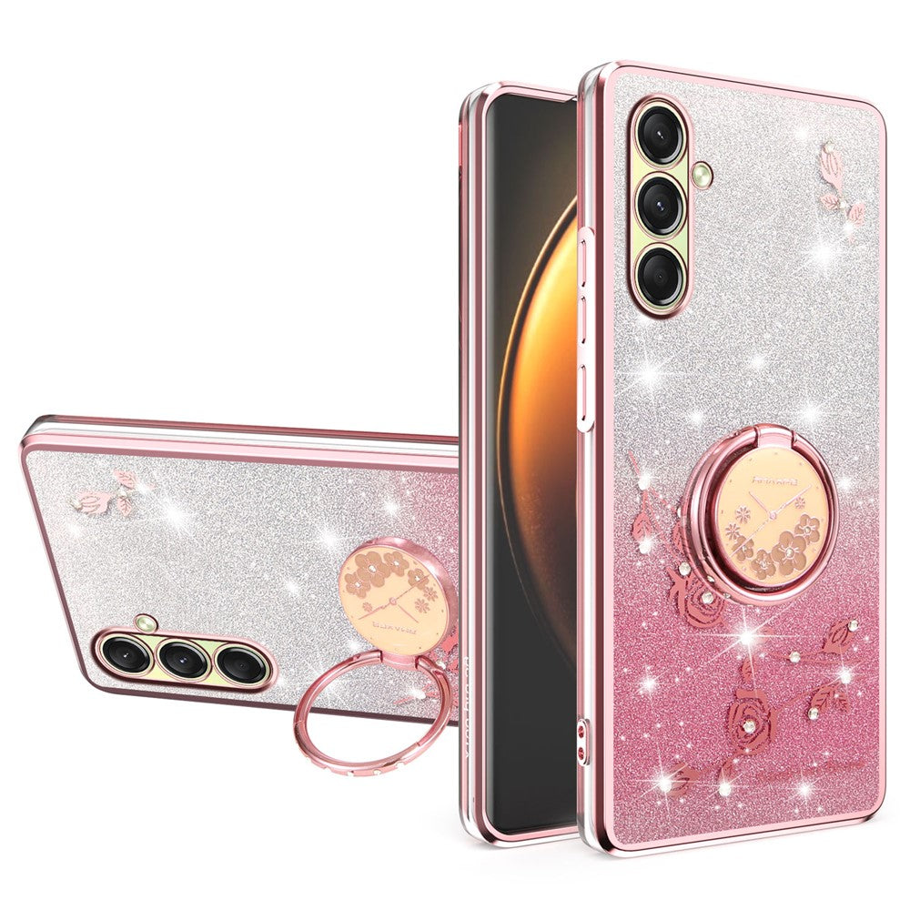 KADEM For Samsung Galaxy A17 5G Case Ring Kickstand TPU Flowers Phone Cover Gradient Glitter - Rose Gold