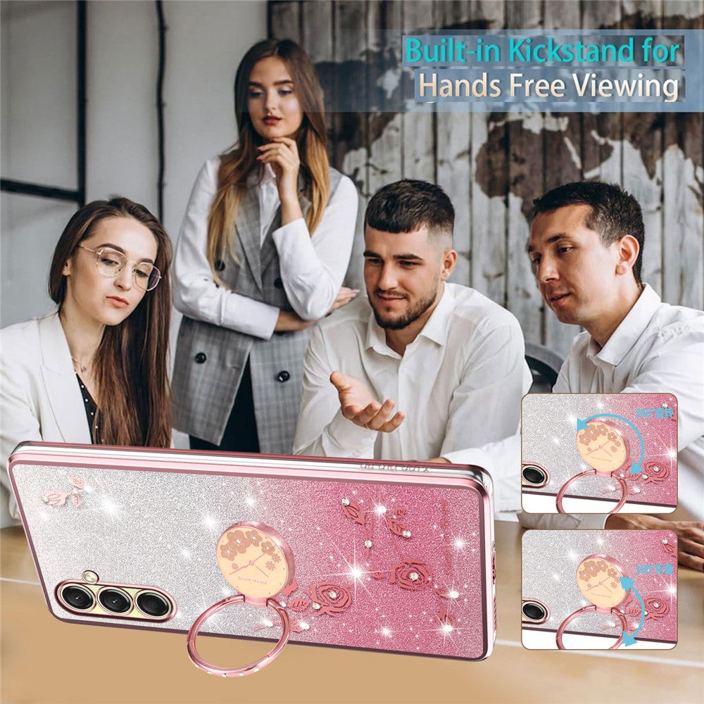 KADEM For Samsung Galaxy A17 5G Case Ring Kickstand TPU Flowers Phone Cover Gradient Glitter - Rose Gold