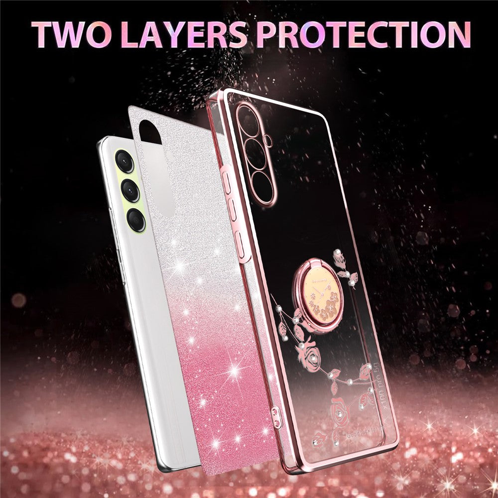 KADEM For Samsung Galaxy A17 5G Case Ring Kickstand TPU Flowers Phone Cover Gradient Glitter - Rose Gold