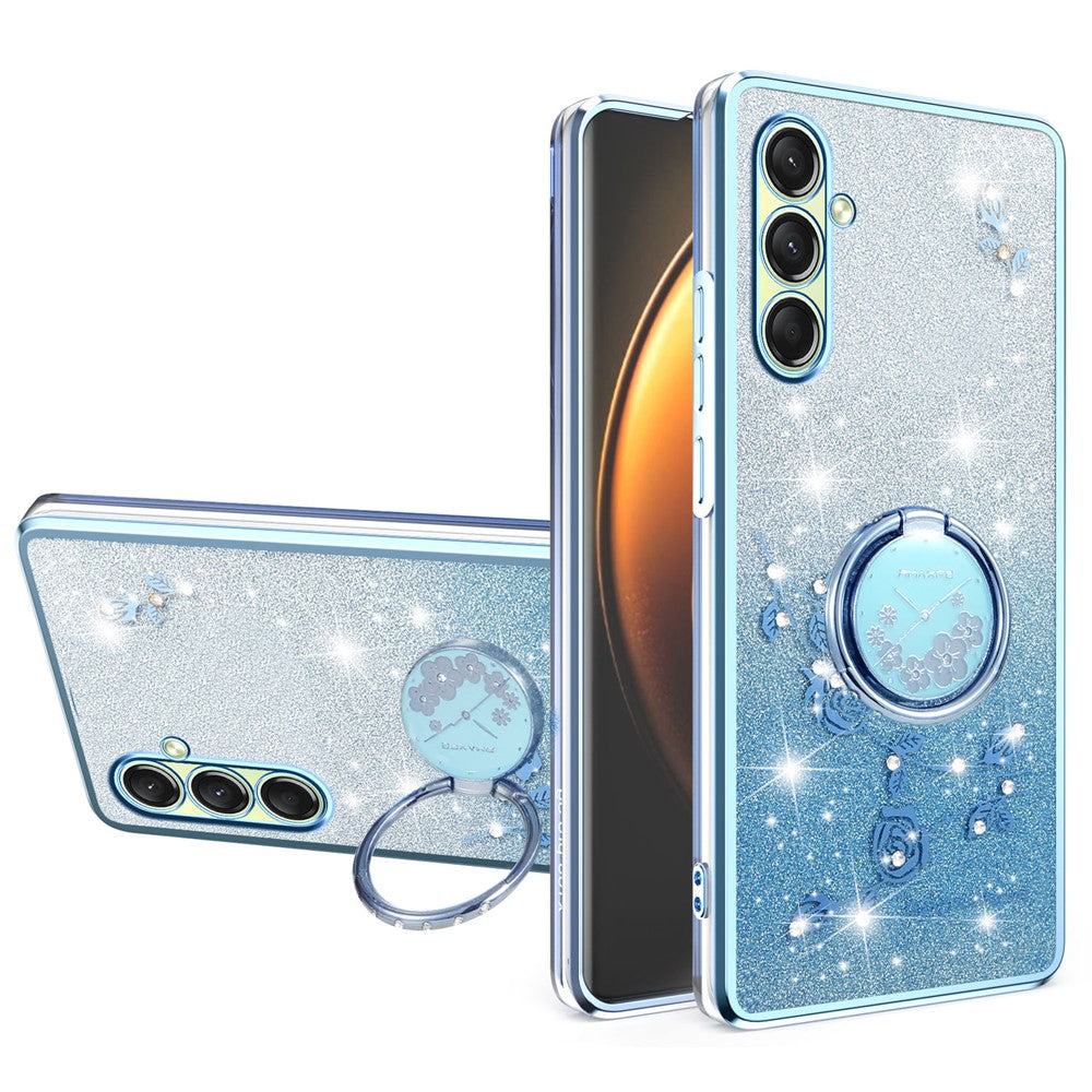 KADEM For Samsung Galaxy A17 5G Case Ring Kickstand TPU Flowers Phone Cover Gradient Glitter - Blue