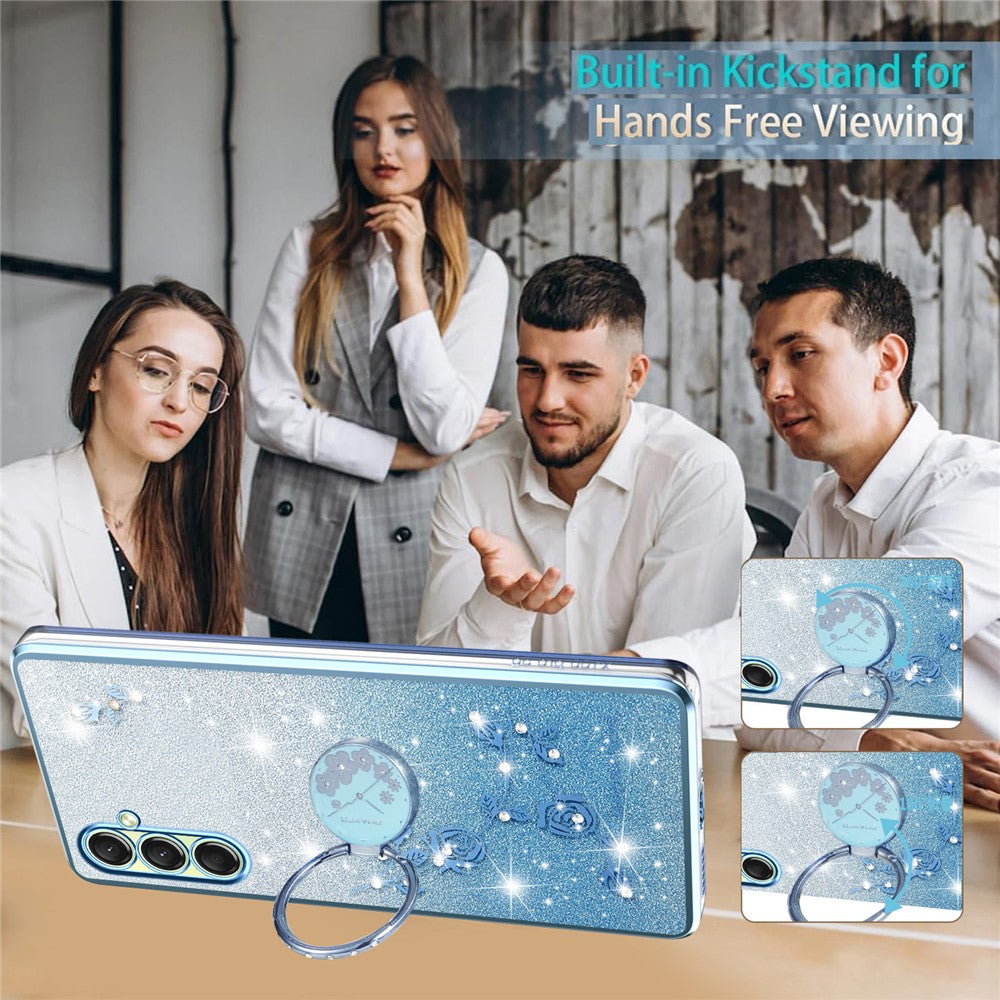 KADEM For Samsung Galaxy A17 5G Case Ring Kickstand TPU Flowers Phone Cover Gradient Glitter - Blue