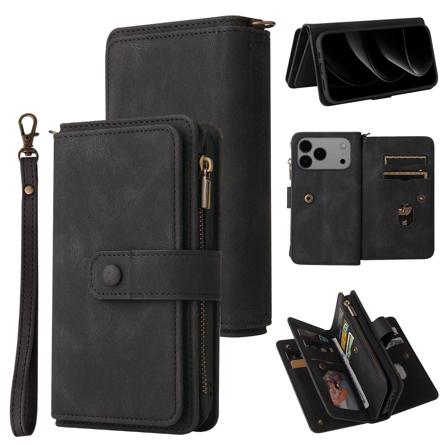 For iPhone 17 Pro Max Zipper Wallet Case with 15 Card Slots and Strap Leather Phone Cover - Black