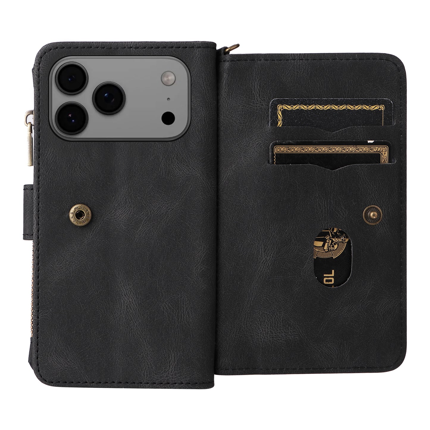For iPhone 17 Pro Max Zipper Wallet Case with 15 Card Slots and Strap Leather Phone Cover - Black