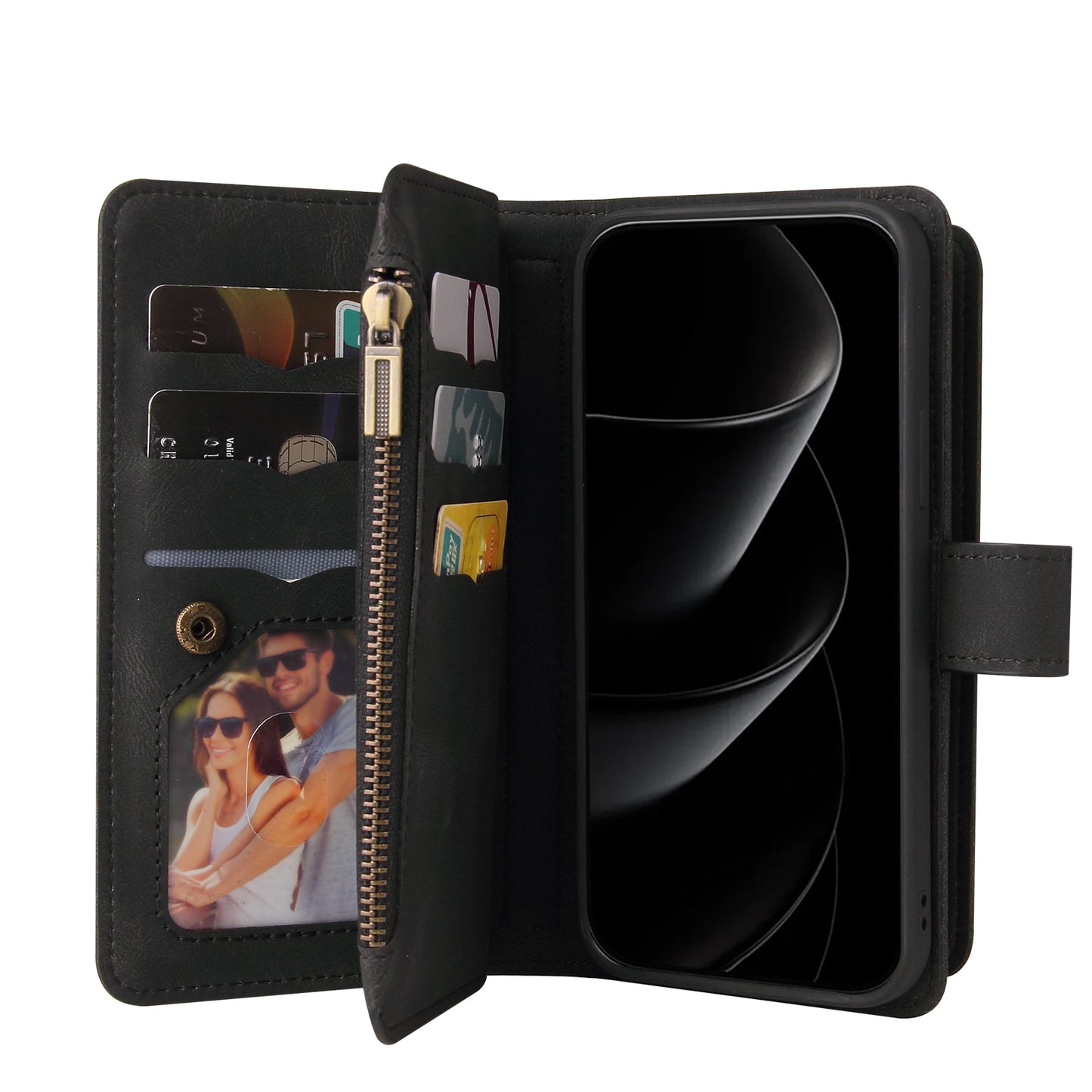 For iPhone 17 Pro Max Zipper Wallet Case with 15 Card Slots and Strap Leather Phone Cover - Black