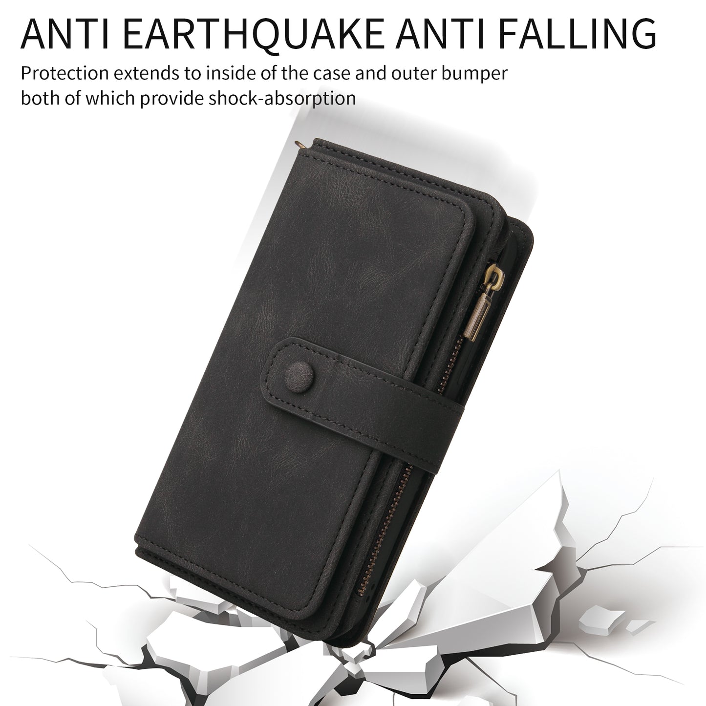 For iPhone 17 Pro Max Zipper Wallet Case with 15 Card Slots and Strap Leather Phone Cover - Black