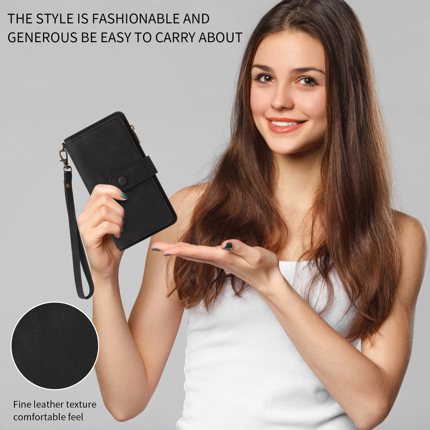 For iPhone 17 Pro Max Zipper Wallet Case with 15 Card Slots and Strap Leather Phone Cover - Black