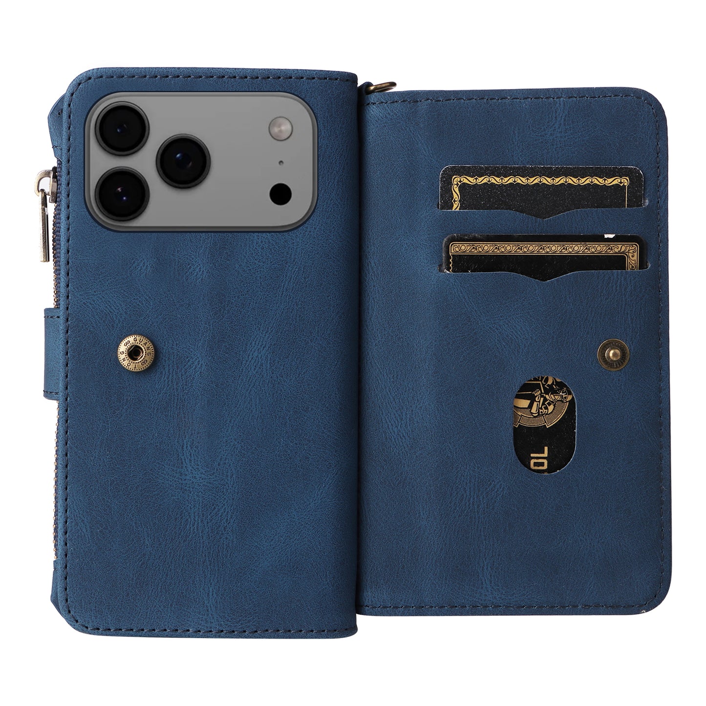 For iPhone 17 Pro Max Zipper Wallet Case with 15 Card Slots and Strap Leather Phone Cover - Blue