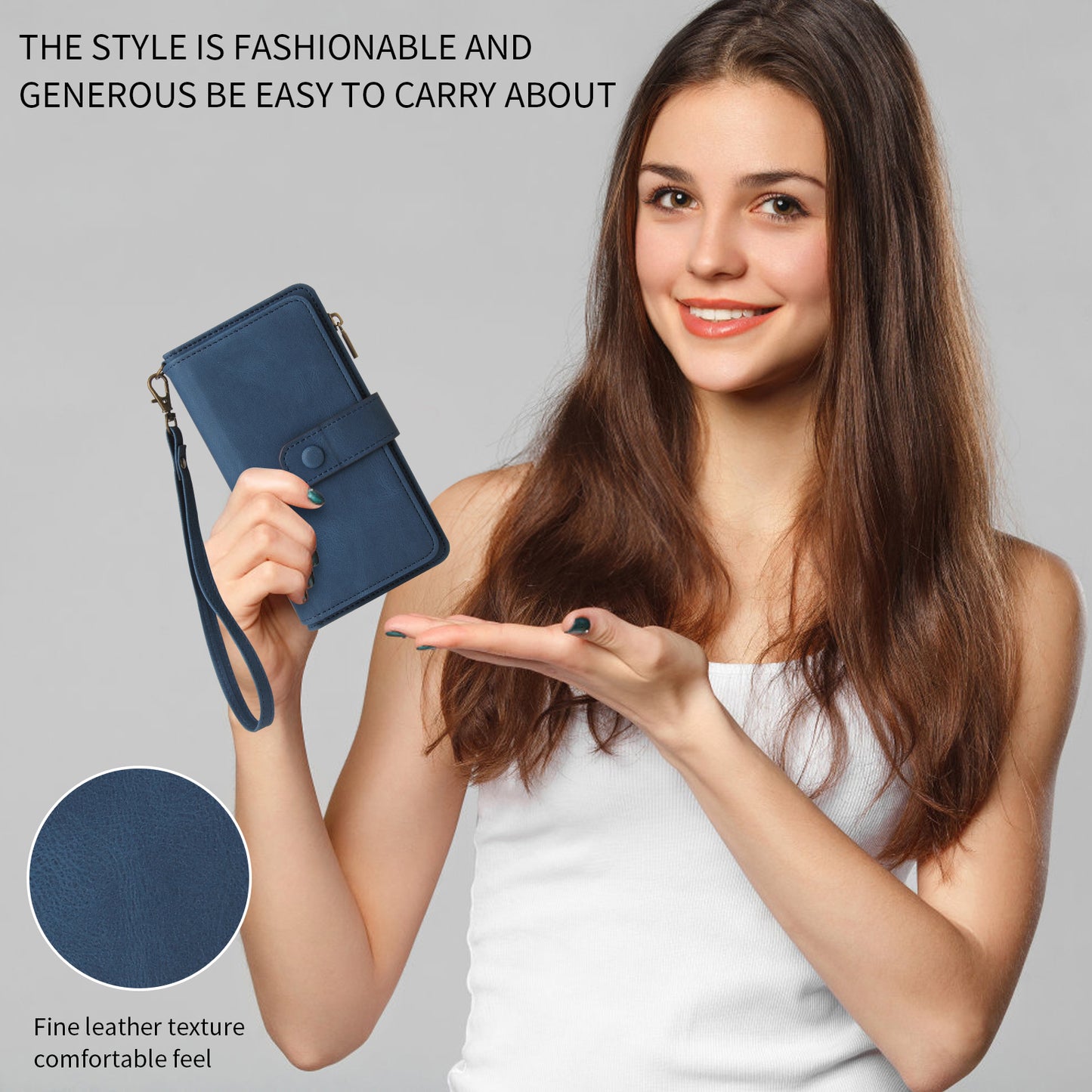 For iPhone 17 Pro Max Zipper Wallet Case with 15 Card Slots and Strap Leather Phone Cover - Blue