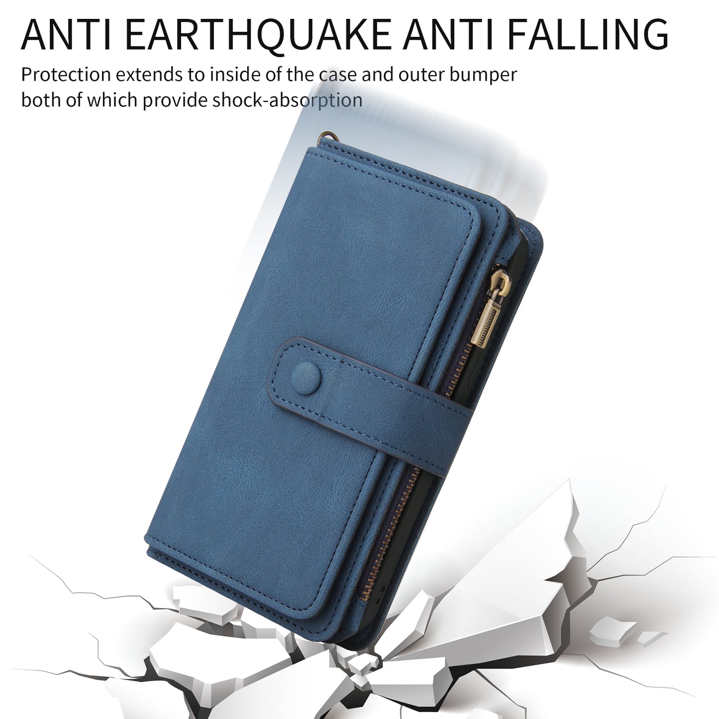 For iPhone 17 Pro Max Zipper Wallet Case with 15 Card Slots and Strap Leather Phone Cover - Blue