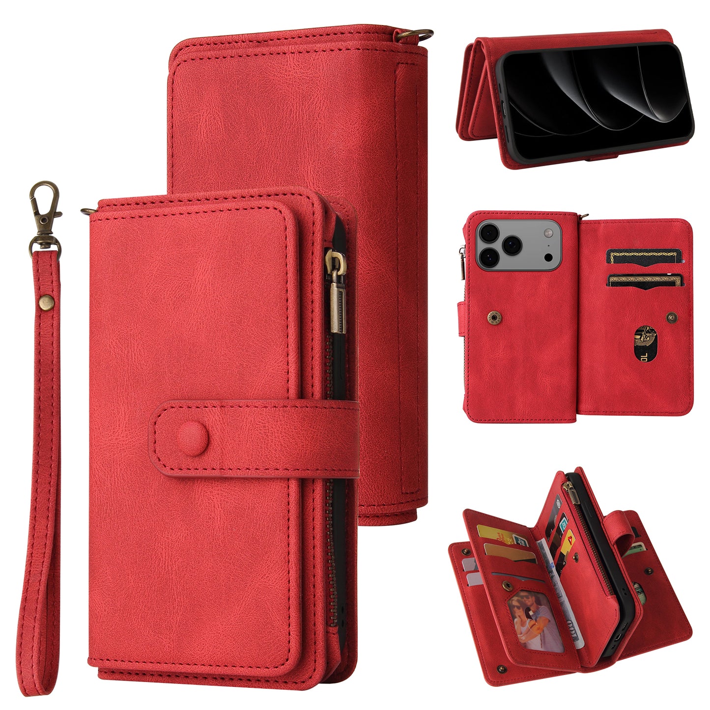 For iPhone 17 Pro Max Zipper Wallet Case with 15 Card Slots and Strap Leather Phone Cover - Red