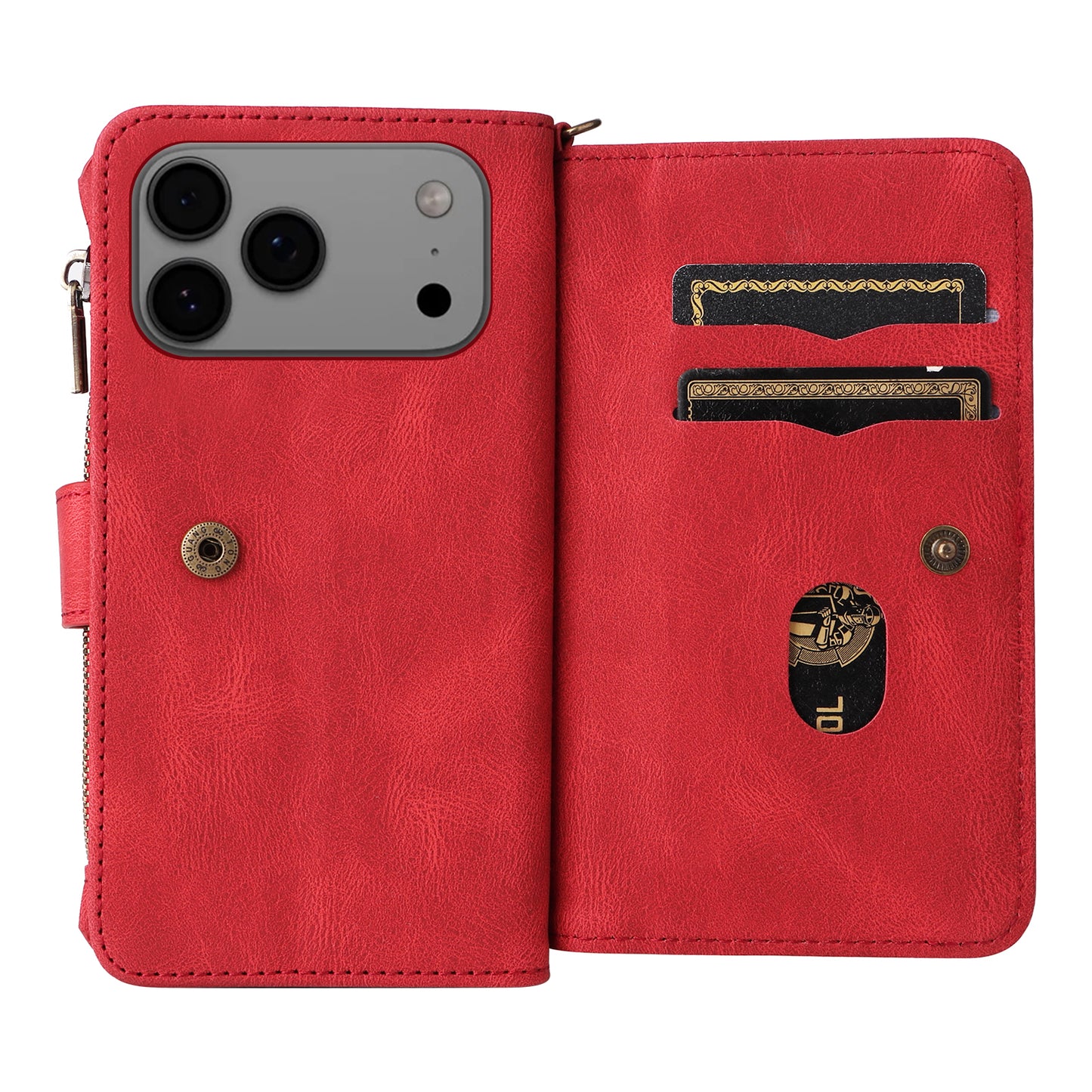 For iPhone 17 Pro Max Zipper Wallet Case with 15 Card Slots and Strap Leather Phone Cover - Red